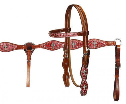 Double Stitched Leather Headstall and Breast Collar Set with Alligator Print and Crystal Cross Conchos Pink