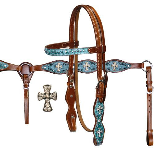 Double Stitched Leather Headstall and Breast Collar Set with Alligator Print and Crystal Cross Conchos Teal